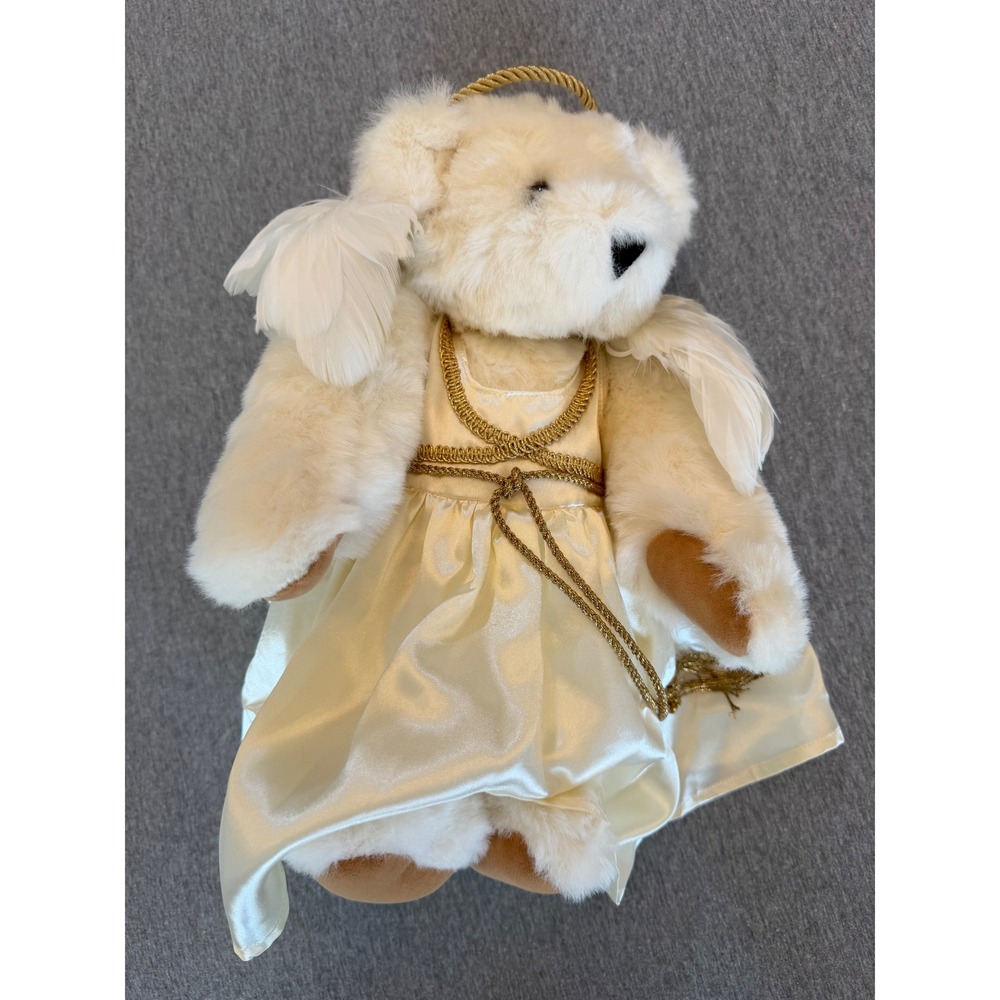 Vermont Teddy Bear Angel Plush White Fur Satin Dress Gold Trim Wings 15 inch